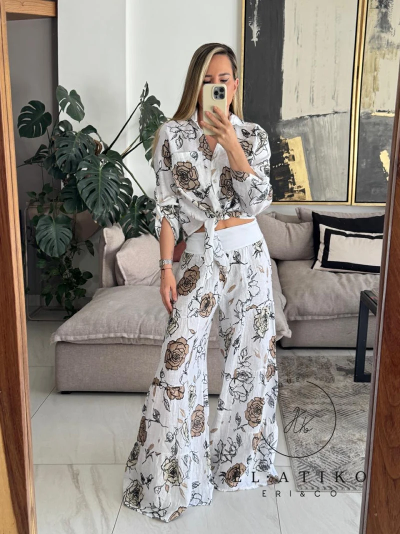 Blusa blanca lino estampada 