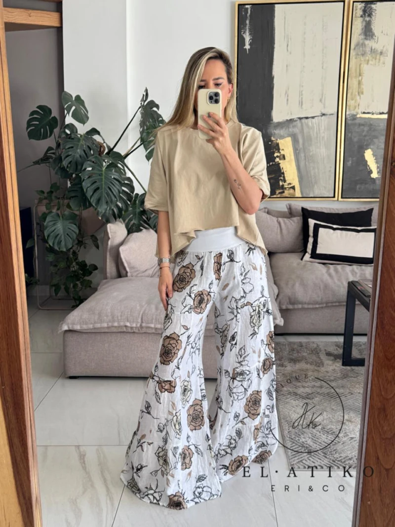 Pantalón blanco lino estampado 